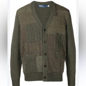 Polo Ralph Lauren wool patchwork v neck sweater cardigan green brown NWT
